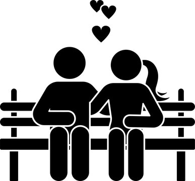 Happy stick figure couple in love sitting on bench icon. Black and white illustration silhouette pictogram