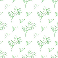 Hand drawn watercolor seashells and seaweed seamless pattern isolated on white background. Scrapbook, post card, textile, fabric.