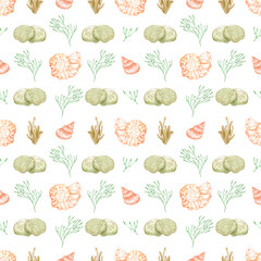 Hand drawn watercolor seashells and seaweed seamless pattern isolated on white background. Scrapbook, post card, textile, fabric.
