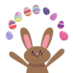 Happy Easter. Colorful patterned easter egg and easter bunny on a white background. Spring holiday.