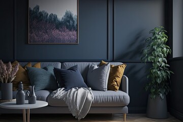 Gray sofa with dark blue wall in the living room. Generative AI