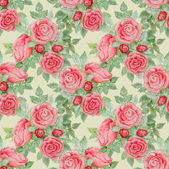 Naklejka na ściany i meble Seamless pattern with delicate pink roses painted in gouache on a gray background.