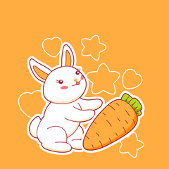 Background with cute kawaii little bunny. Funny character and decorations in cartoon style.