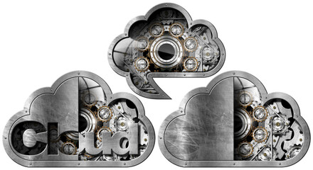 Collection of three metallic symbol in the shape of a cloud. Concept of cloud computing, with metal...