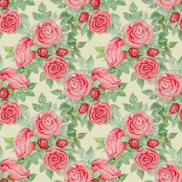 Seamless pattern with delicate pink roses painted in gouache on a gray background.