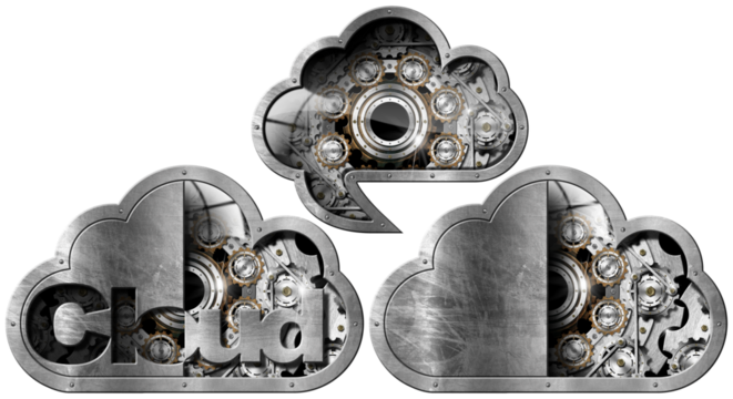 Collection of three metallic symbol in the shape of a cloud. Concept of cloud computing, with metal gears (cogwheels), isolated on white or transparent background, png. - Powered by Adobe