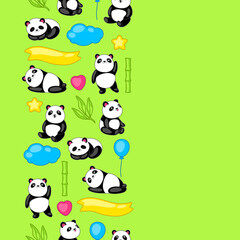 Seamless pattern with cute kawaii little pandas. Funny characters and decorations in cartoon style.