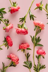 Schilderijen op glas Beautiful peony flowers on a pink background. Pattern. © Svetlana