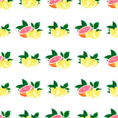 Hand drawn watercolor grapefruit and lemon slices with green leaves seamless pattern on white background. Scrapbook, post card, textile, fabric.