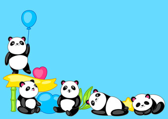 Background with cute kawaii little pandas. Funny characters and decorations in cartoon style.