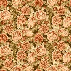 Seamless pattern with golden painted roses.