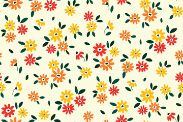 Seamless floral pattern, cute ditsy print with simple tiny flora. Pretty botanical design, liberty arrangement from small hand drawn flowers, leaves on white background. Vector illustration.
