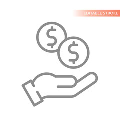 Money dollar coin and hand icon. Simple line vector symbol.