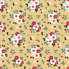 Seamless floral pattern, cute ditsy print of decorative art plants with a rustic motif. Beautiful botanical design: small hand drawn flowers, leaves, bouquets on beige background. Vector illustration.