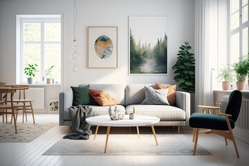 Fototapeta premium A sofa, light, and white walls make for a bright and cozy modern living room. Generative AI