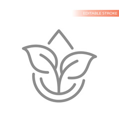Drop of oil and leaves, natural line vector icon. Vegetable, organic essential or cooking oil with leaf and droplet symbol.