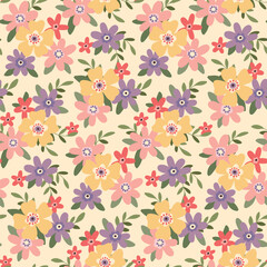 Seamless floral pattern, cute ditsy print with tender spring botany. Pretty botanical design with small hand drawn flowers, leaves, pastel meadow on a light background. Vector illustration.