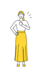 胸を叩くカジュアルな格好をした若い女性