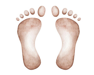 Watercolor illustration. Hand painted human footprints in brown, beige colors. Feet with toes imprinted on sand, ground. People anatomy. Man, woman, child prints. Isolated clip art for banners