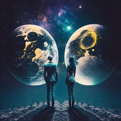 couple stand in front of moon created using AI Generative Technology