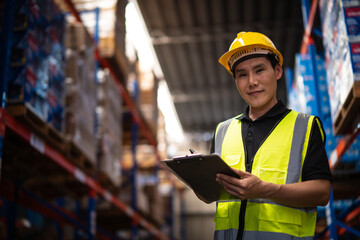 Asian male worker wearing Hard Hat with clipboard Checks Stock and Inventory in the Retail Warehouse.