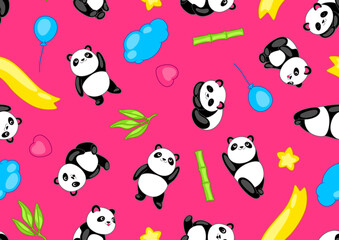 Seamless pattern with cute kawaii little pandas. Funny characters and decorations in cartoon style.