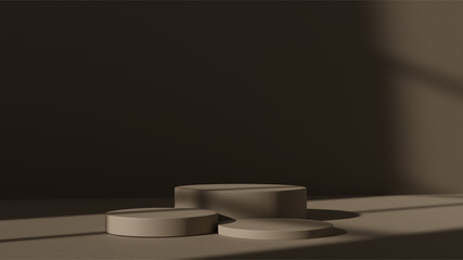 minimalistic round podiums for product presentation on a dark beige background with a shadow from the window, a gentle background with platforms for goods, 3d render