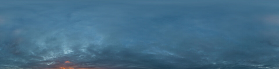 Dramatic sunset sky panorama with Cumulus clouds. Seamless hdr 360 pano in spherical equirectangular format. Complete zenith for 3D visualization, game and sky replacement for aerial drone panoramas