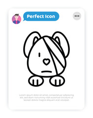 Dog injured, eye bandage. Veterinary clinic. Thin line icon, medical halp for pets. Vector illustration.