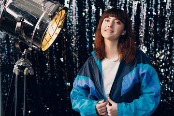 Young sporty woman 80 and 90's style. 90s fashion positive girl at disco party