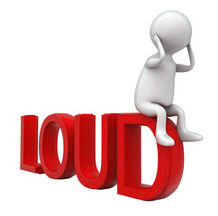 3d man having headache while sitting on loud text concept