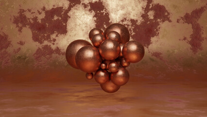 3d rendering of a set of many balls made of metal, bronze with traces of rust on the surface. Metal background and traces of corrosion.