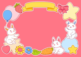 Frame with cute kawaii little bunnies. Funny characters and decorations in cartoon style.