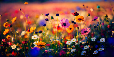Fototapeta na wymiar Colorful flower meadow in spring, ai generative