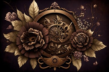 Steampunk Wallpaper, Backround, Blumen und Blätter um eine Uhr, technisch und alt, gold und silber, Illustration