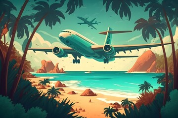 großes Passagierflugzeug fliegt über eine Insel, blaues Meer, Strand in Monaco, florale Palmen, Illustration - obrazy, fototapety, plakaty