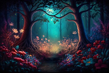 bunter Wald, neonfarben und schöne Pflanzen, rote Rose, blaue Tulpen, große Bäume ohne Blätter, Illustration