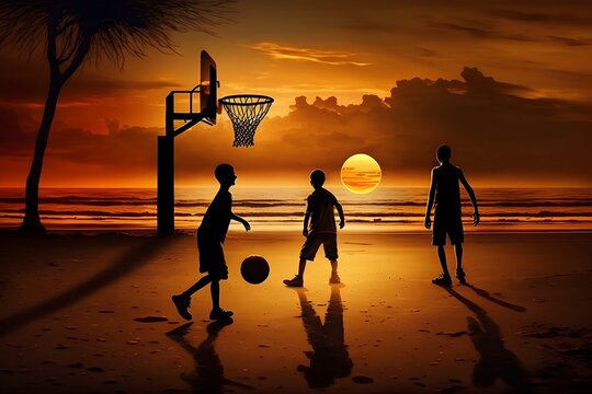 Kinder spielen am Strand Basketball, Sonnenuntergang, orange Farben am Horizont, Kinder sind in Silhouette dargestellt, kreative Illustration