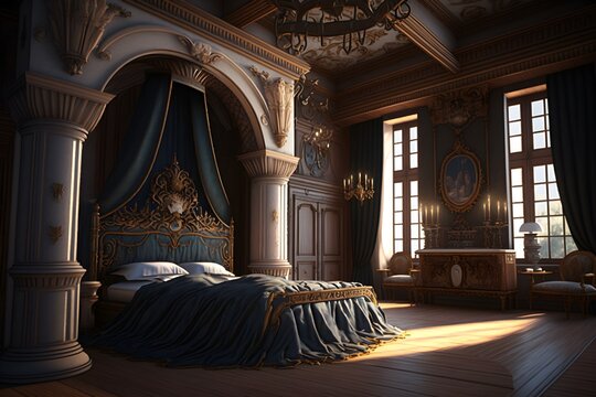k&ouml;igliches Schlafzimmer, teurer Stil mit sch&ouml;nen S&auml;ulen, alte M&ouml;bel und Kronleuchter, Parkettboden, Architektur und 3d Illustration