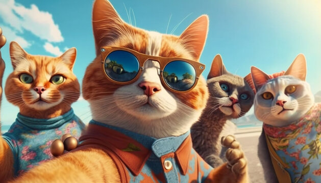 A group of funny cats on vacation take a selfie, generative ai