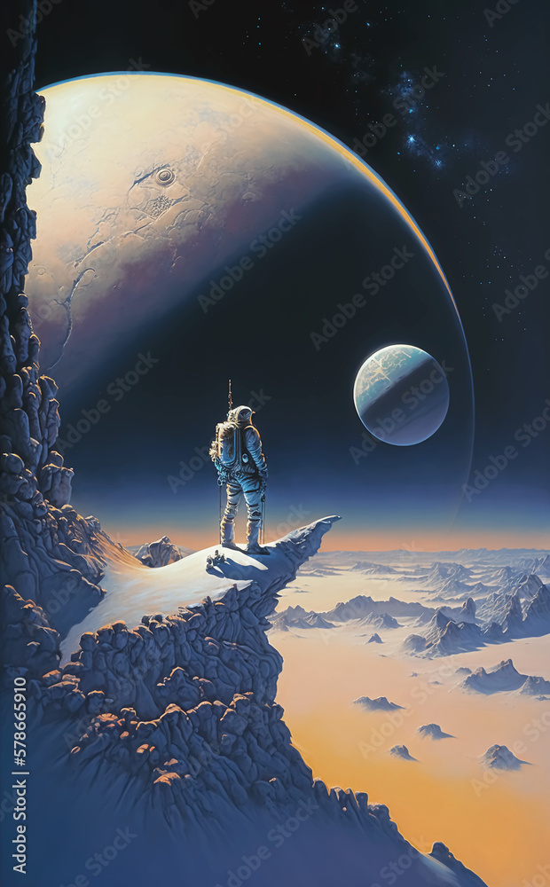 Wall mural Astronaut explores a planet surface alone, vintage science fiction paperback style art.  Generative AI - Wall murals