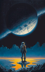 Fototapeta na wymiar Astronaut explores a planet surface alone, vintage science fiction paperback style art. Generative AI