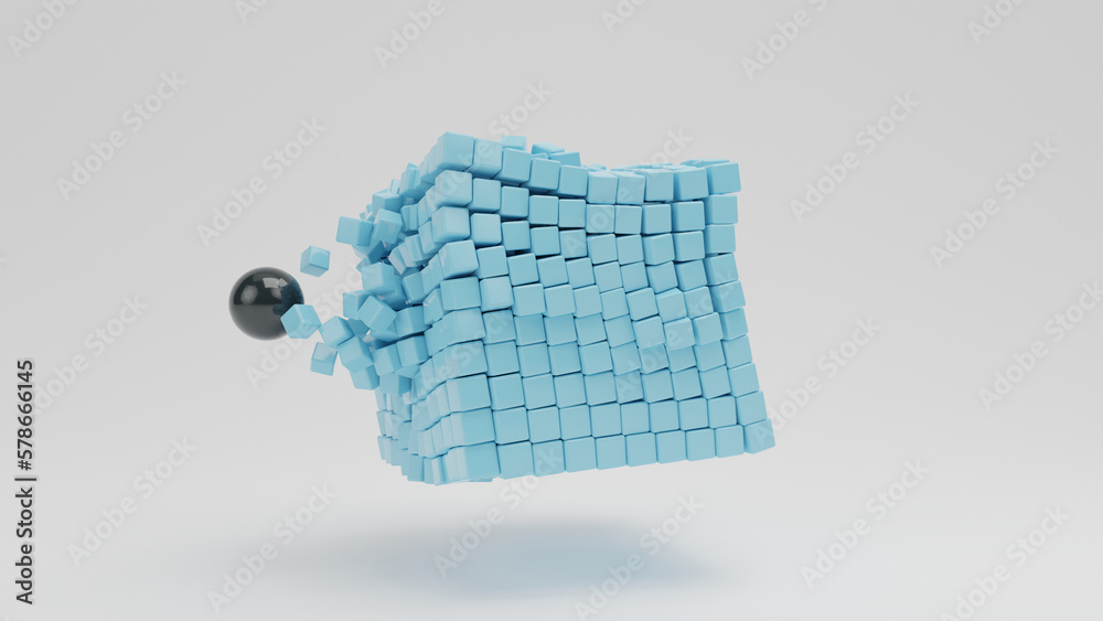 Poster 3d rendering of an array of blue cubes assembled into a large cube. black sphere, core, punched an a