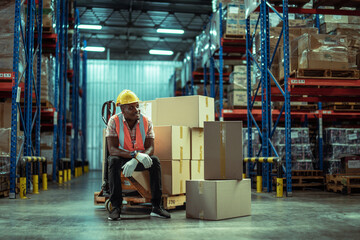 African American male worker wearing Hard Hat with pallete truck moves cardboard boxes in the Retail Warehouse.