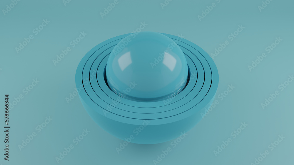 Poster 3d rendering of a blue sphere and hemispheres in different positions. Abstract composition of the interaction of geometric objects in a beautiful combination..