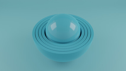3d rendering of a blue sphere and hemispheres in different positions. Abstract composition of the interaction of geometric objects in a beautiful combination..