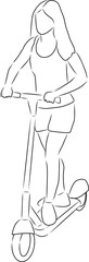 Woman on electric scooter, vector. Hand drawn sketch. A woman in shorts and a T-shirt rides an electric scooter.