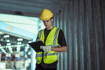 Caucasian male worker wearing Hard Hat with clipboard Checks Stock and Inventory in the Retail Warehouse.