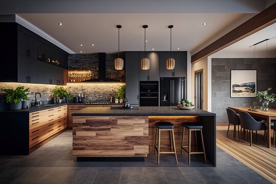 A contemporary, open floor plan that features a large, freestanding island in the kitchen. The kitchen's bright wooden fronts contrast with the gray stone top and are illuminated by artificial lightin