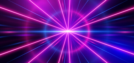 Abstract technology futuristic glowing neon blue and pink light lines with speed motion movingon dark blue background.